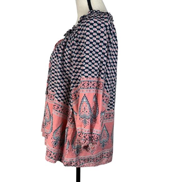C&C California Small Top Linen Blend Oversized Geometric Balloon Sleeves Keyhole - Picture 6 of 9
